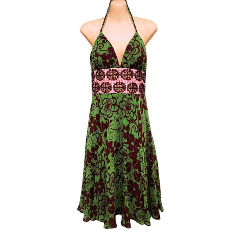 Phoebe Couture Silk Party Dress with Wooden Bead Detail, Green & Brown, Sz 4